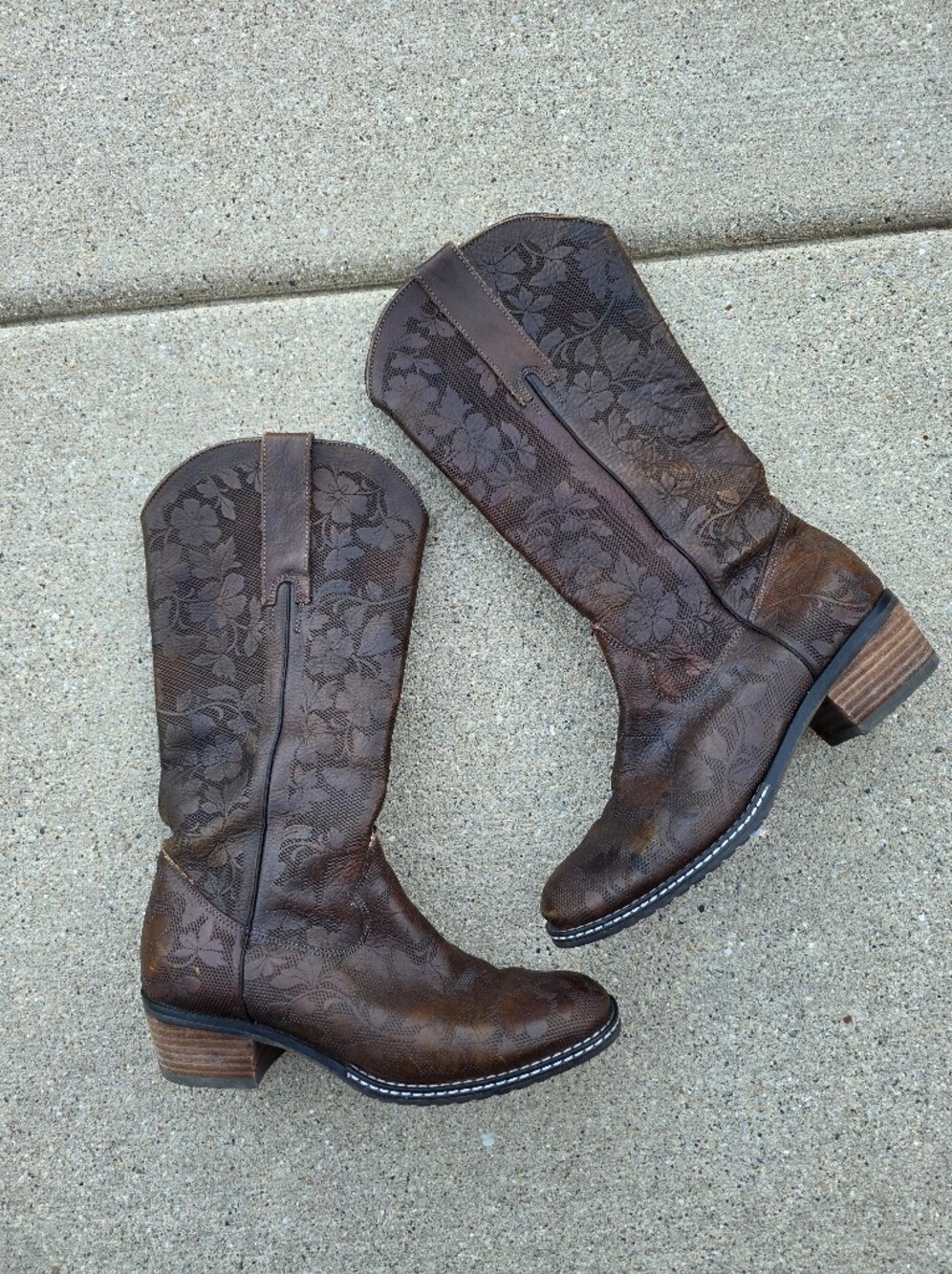 L’Artiste Western Cowboy Brown Tall Floral Tooled Leather Boots 8.5 Embossed